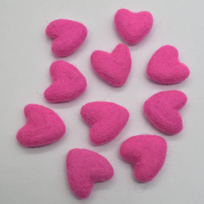 100% Wollfilz Herzen - 10 Stück - ca. 3 cm - Knallpink