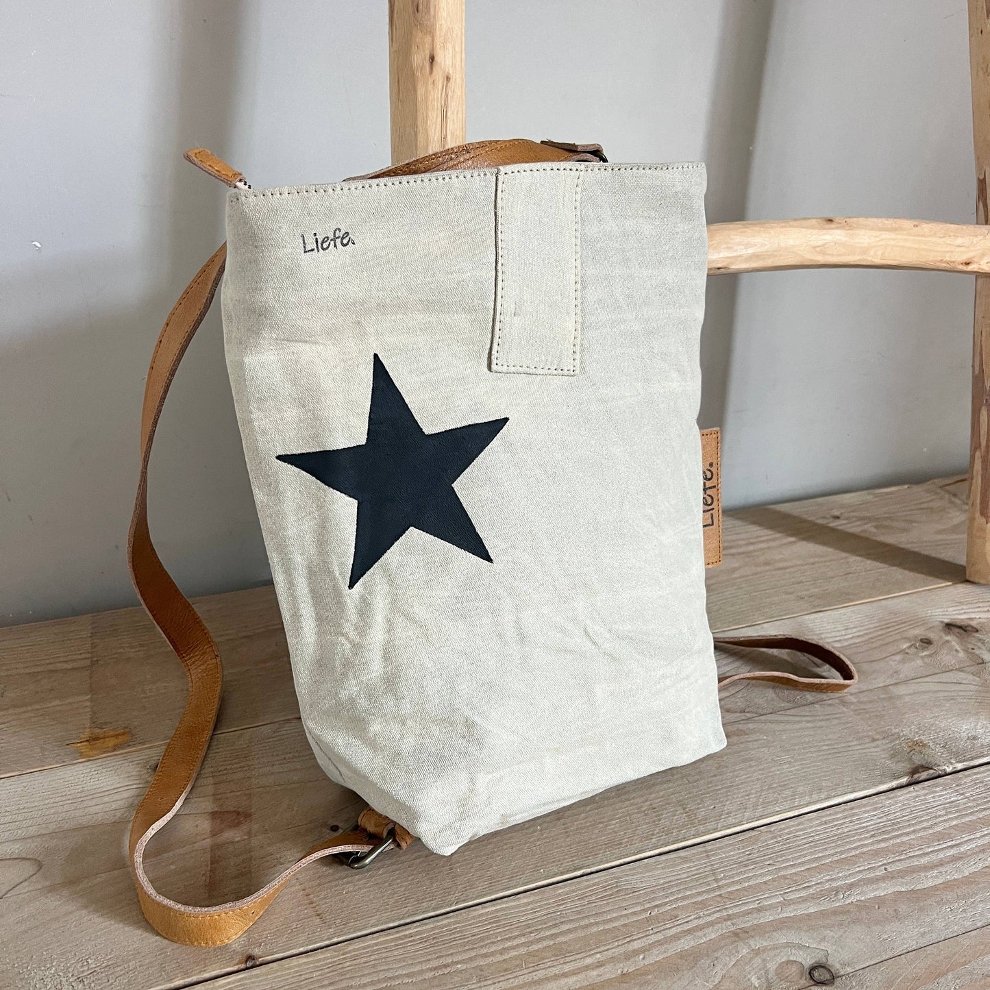 Rucksack klein Stern schwarz (vintage leichtes Segeltuch) NEU