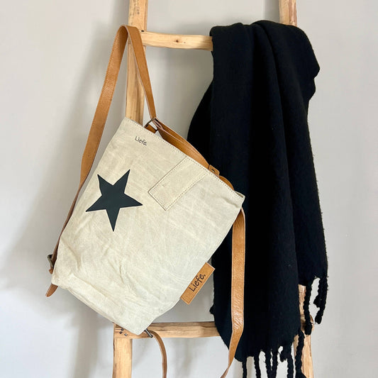 Rucksack klein Stern schwarz (vintage leichtes Segeltuch) NEU