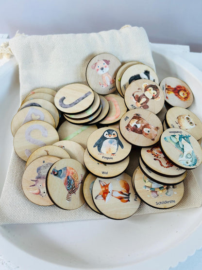 Memory personalisiert, Geschenk zur Schuleinführung, Schulanfang, Schulkind, Memory Holz, Tier ABC , Schultüte, Tier Memory